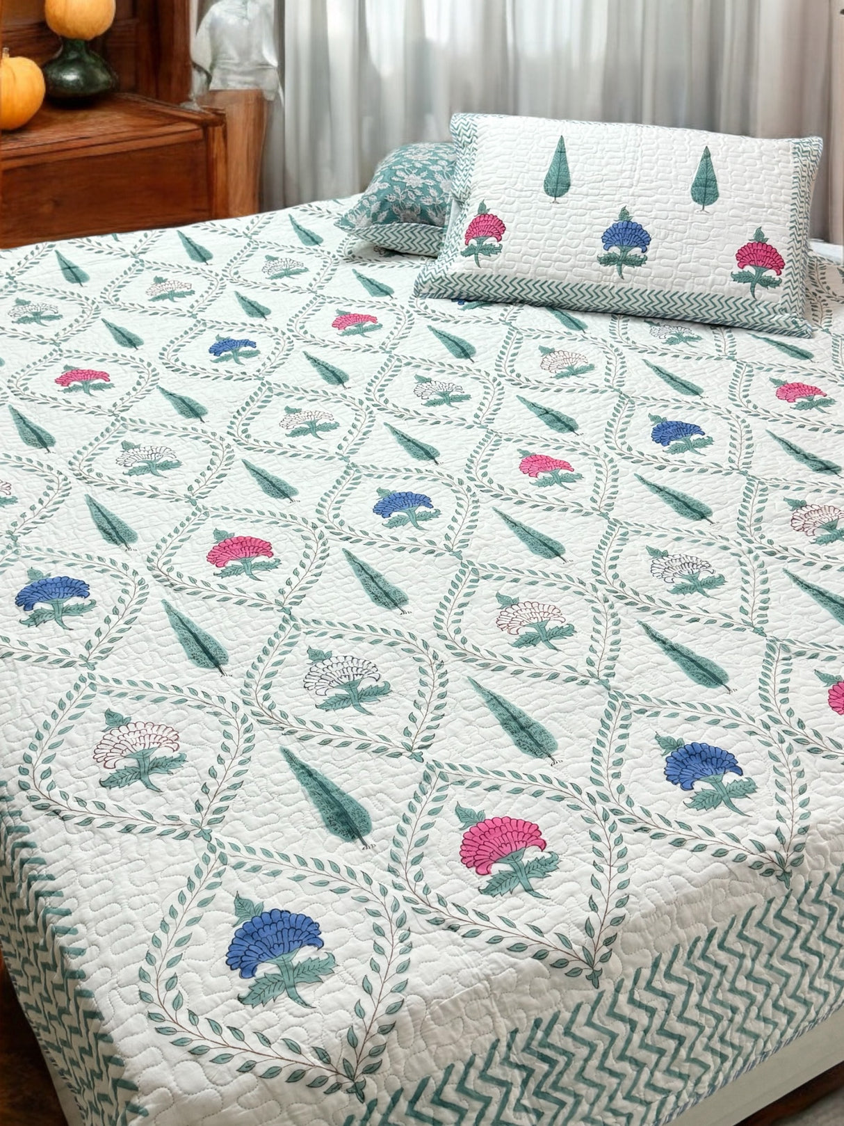 KING Size Quilted Blockprint REVERSIBLE Mulmul Bedcover (108*108 inches)