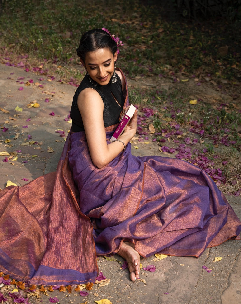 Handloom Tissue Linen Saree in Dual Shade Purple and Copper