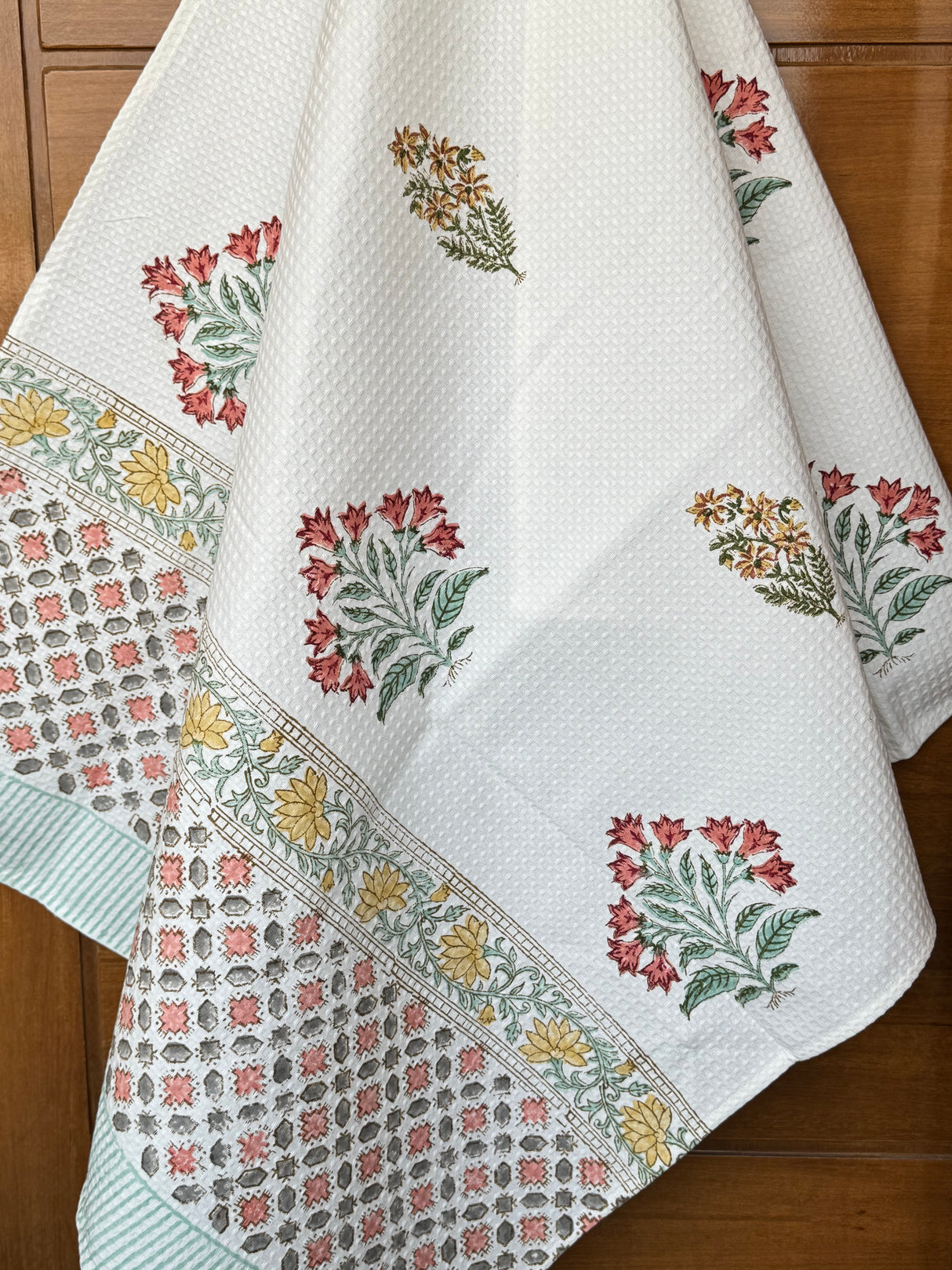 Elegant Flowers Blockprint Cotton Towel- Waffle Weave
