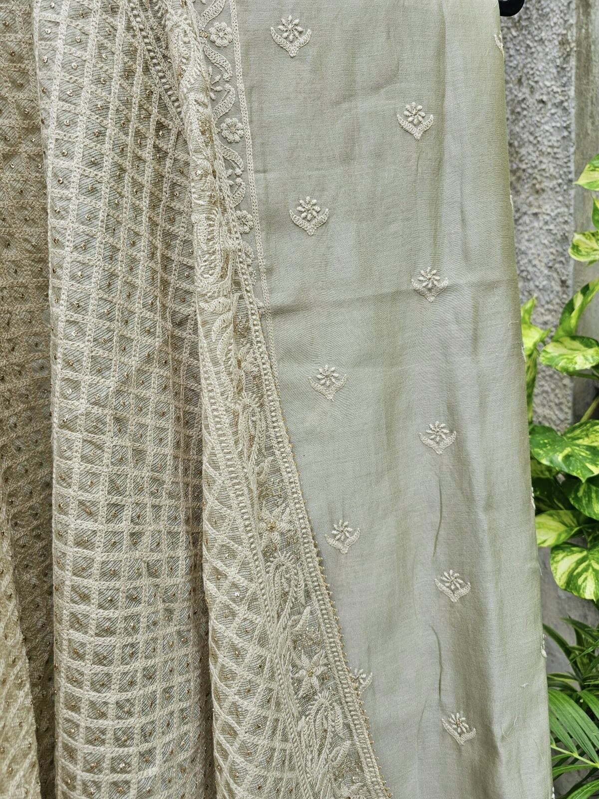 3 Piece Chanderi mulmul Unstitched Suit Set in Shade of Green