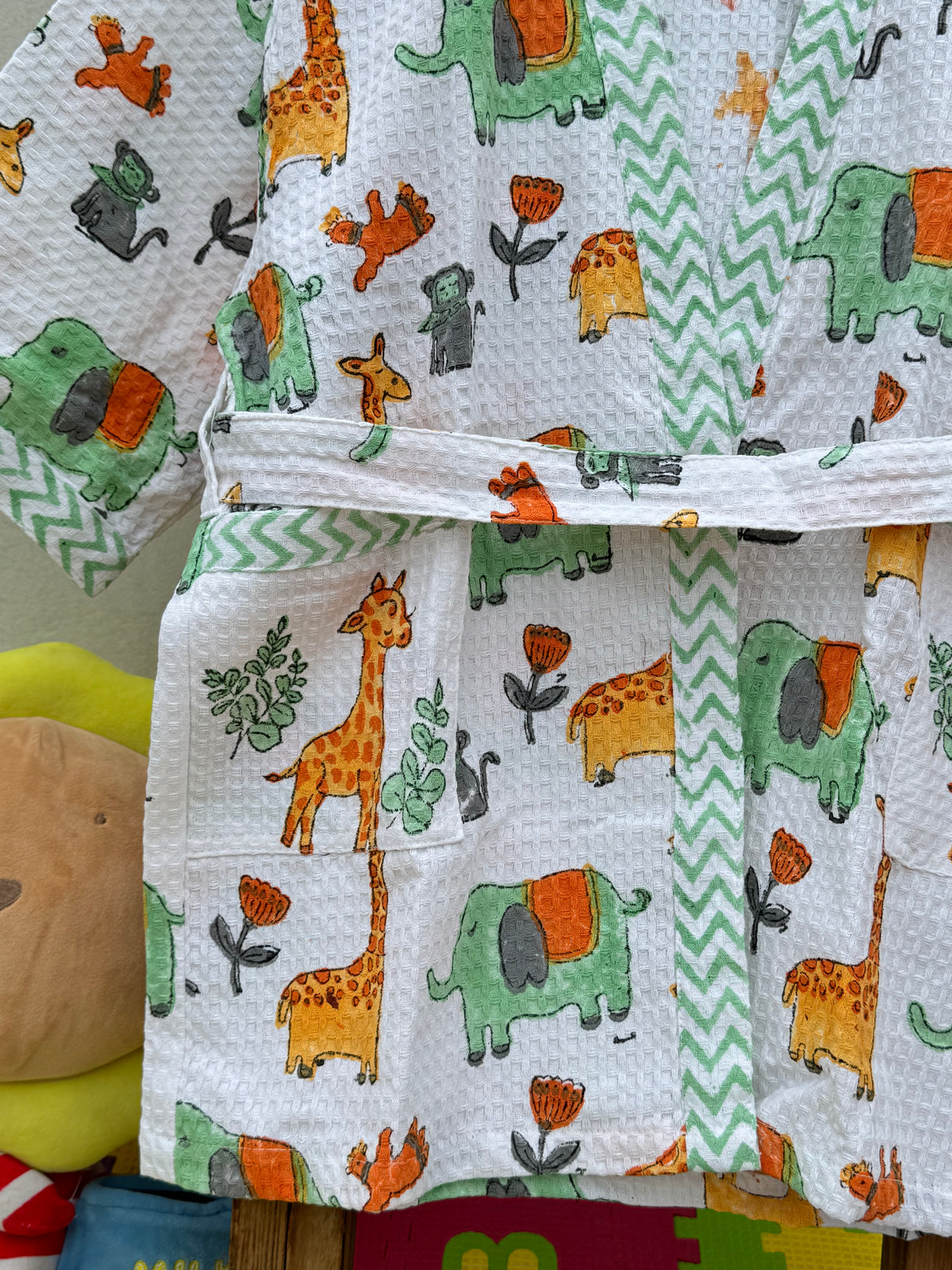 Jungle Kids Bathrobe-Cotton Waffle Blockprint