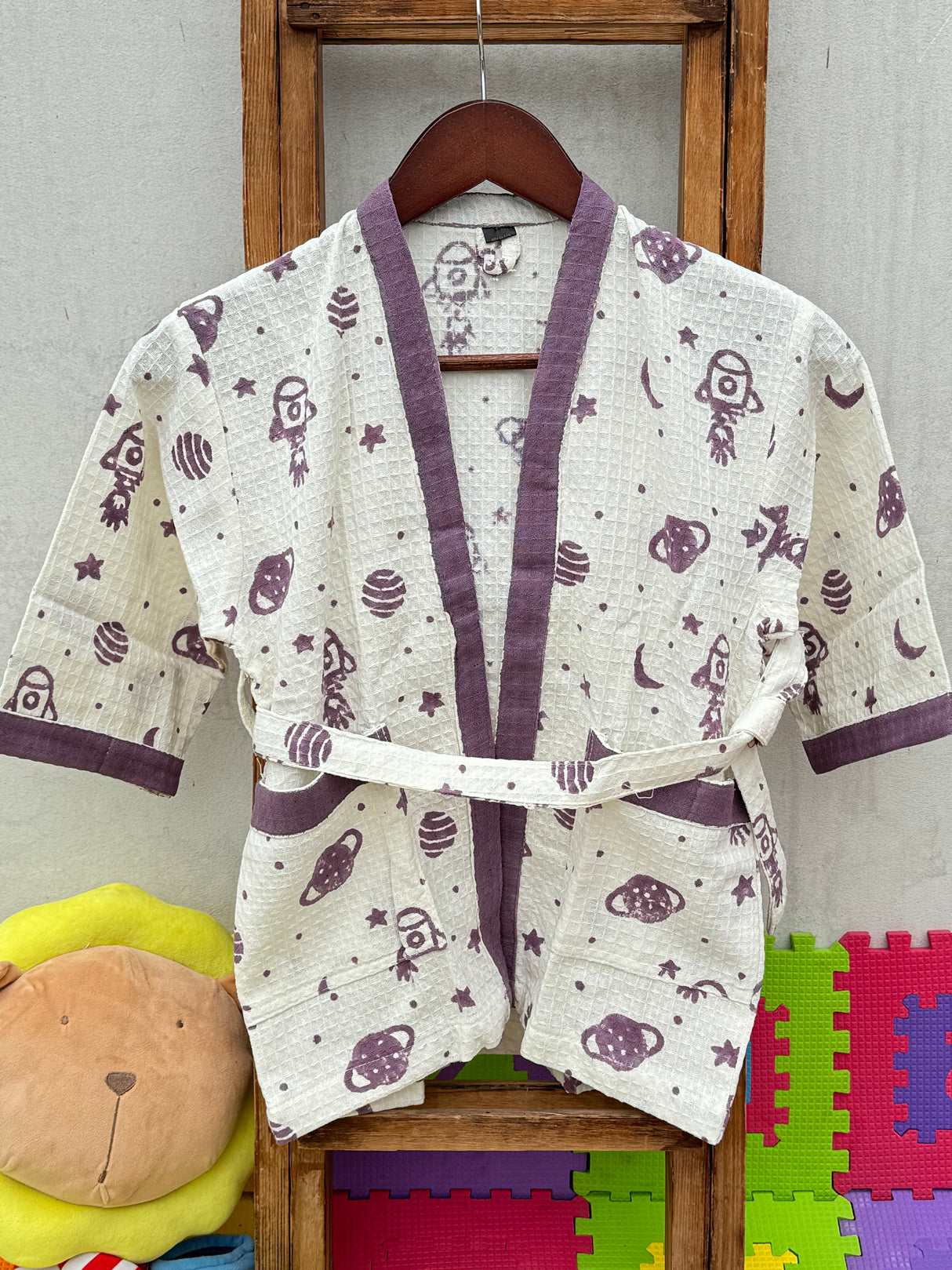 Kids Bathrobe-Cotton Waffle Blockprint