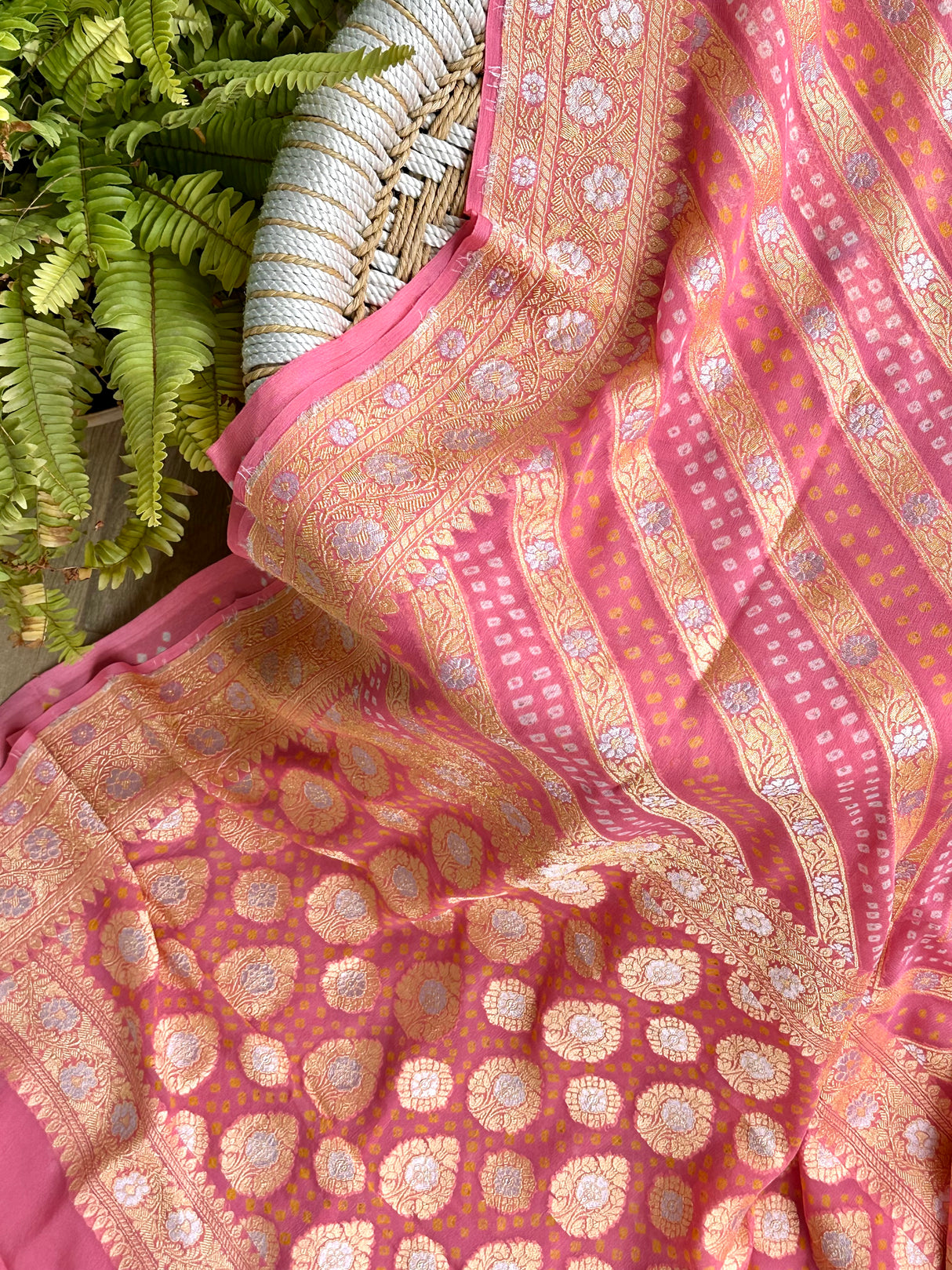 Peach Pure Banarsi Gerogette Bandhani Saree