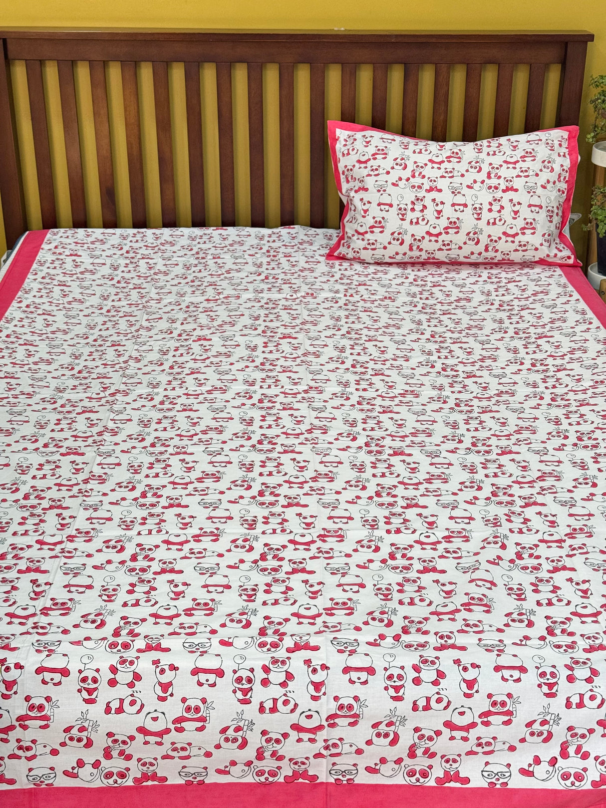 Pink Panda Blockprint Cotton Bedsheet