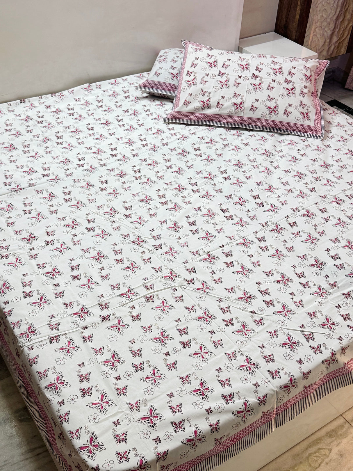 Pink Butterfly Blockprint Cotton Bedsheet