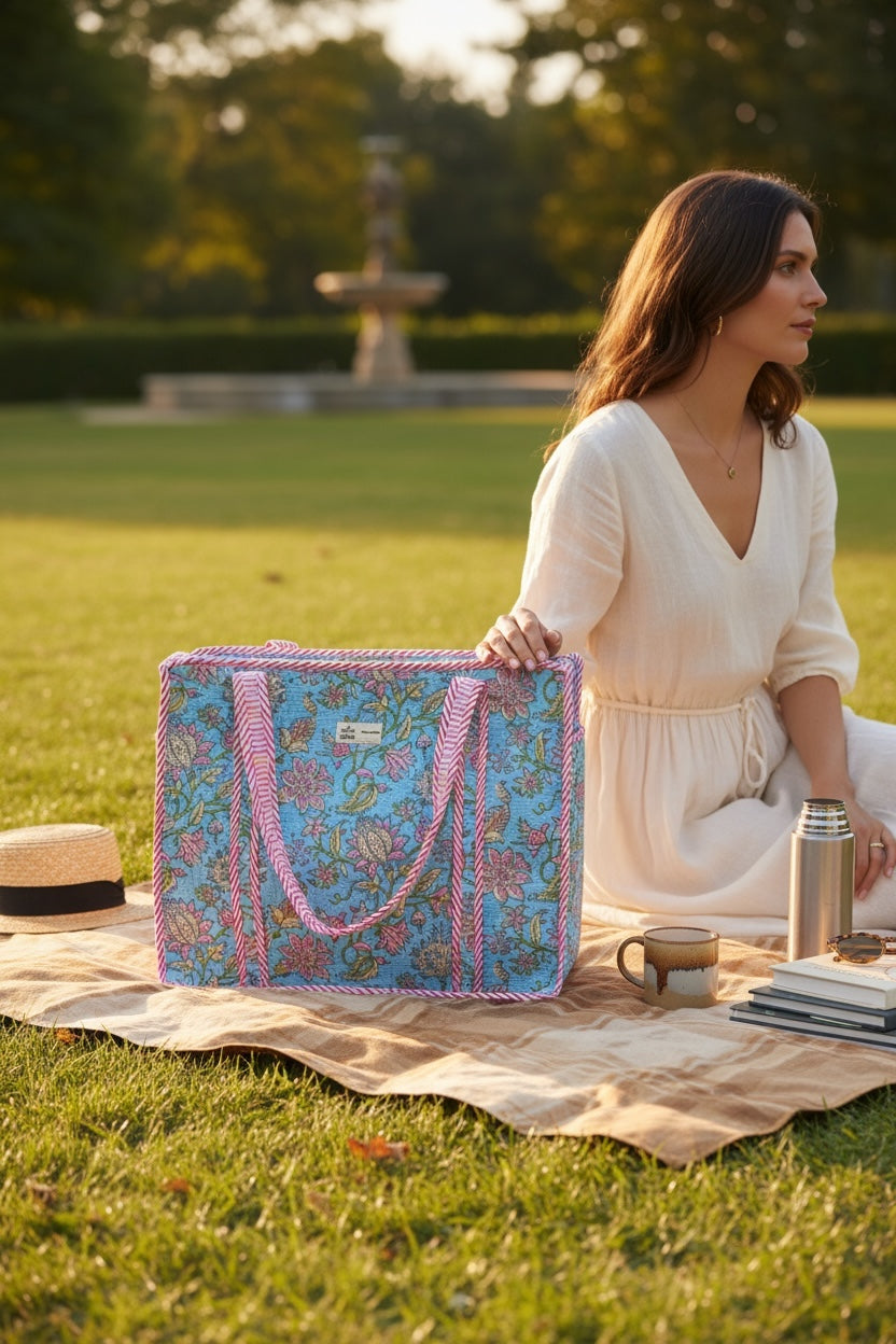 Vibrant Sky Blue & Pink Floral Block Print Handcrafted Tote Bag (with Zip Closure)