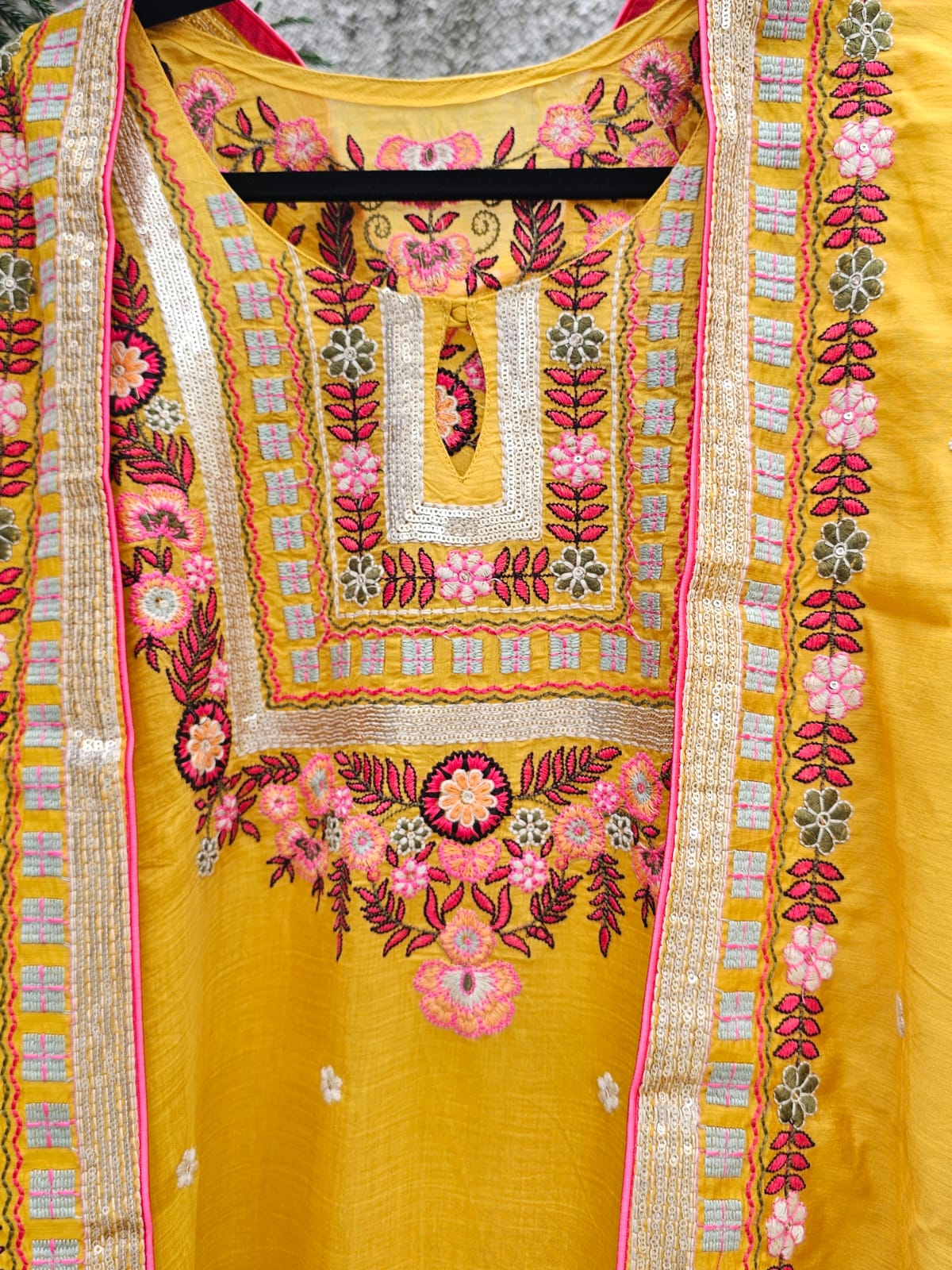 The festive Chanderi Mulmul 3 Piece Semi Stitched Suit Set in Yellow Colour