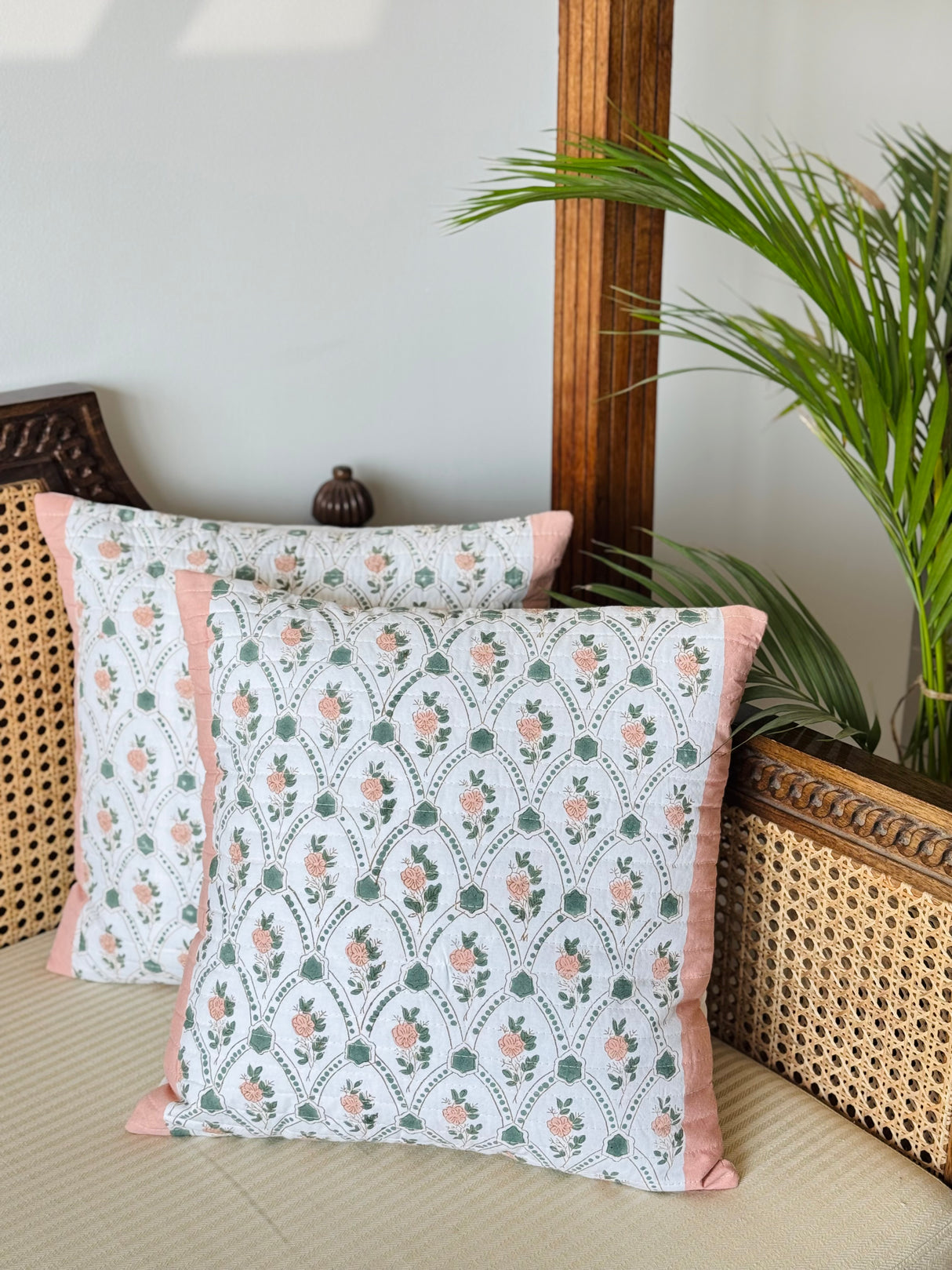 Pair of Quilted Handblock Printed Cushion Covers- 16*16 inches