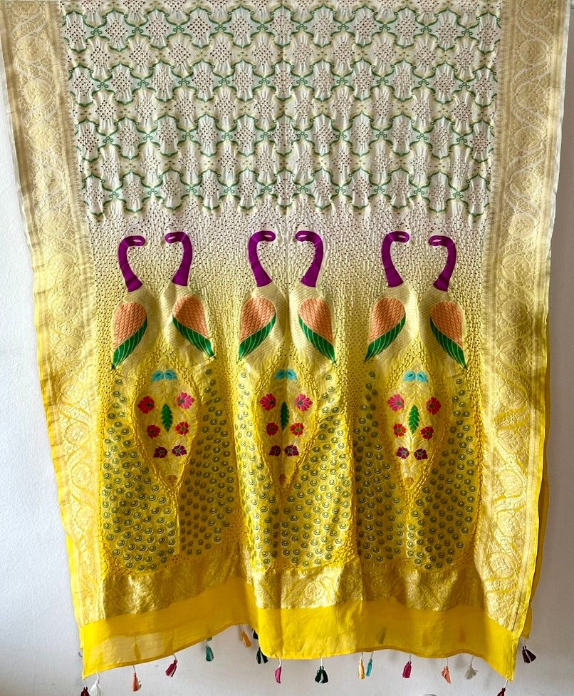 Ivory Yellow Banarasi Georgette Dupatta with Peacock Motifs