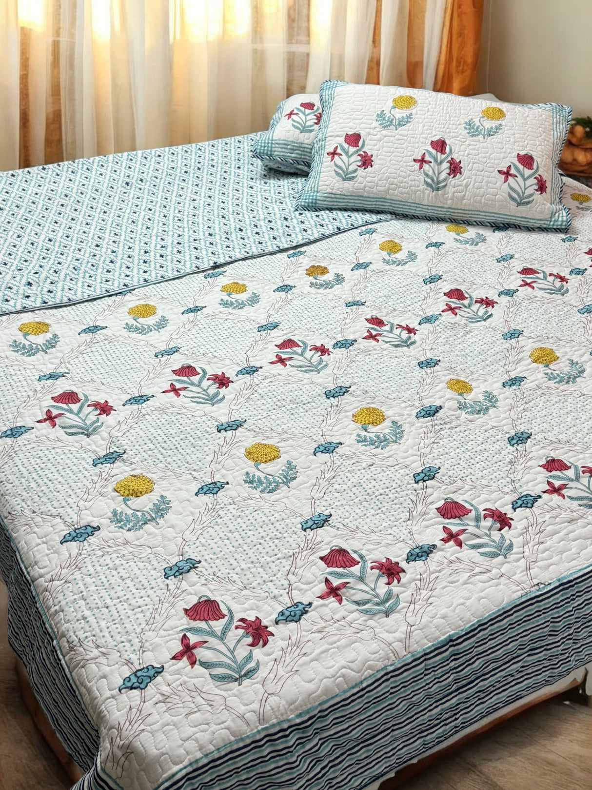 KING Size Quilted Blockprint REVERSIBLE Mulmul Bedcover (108*108 inches)