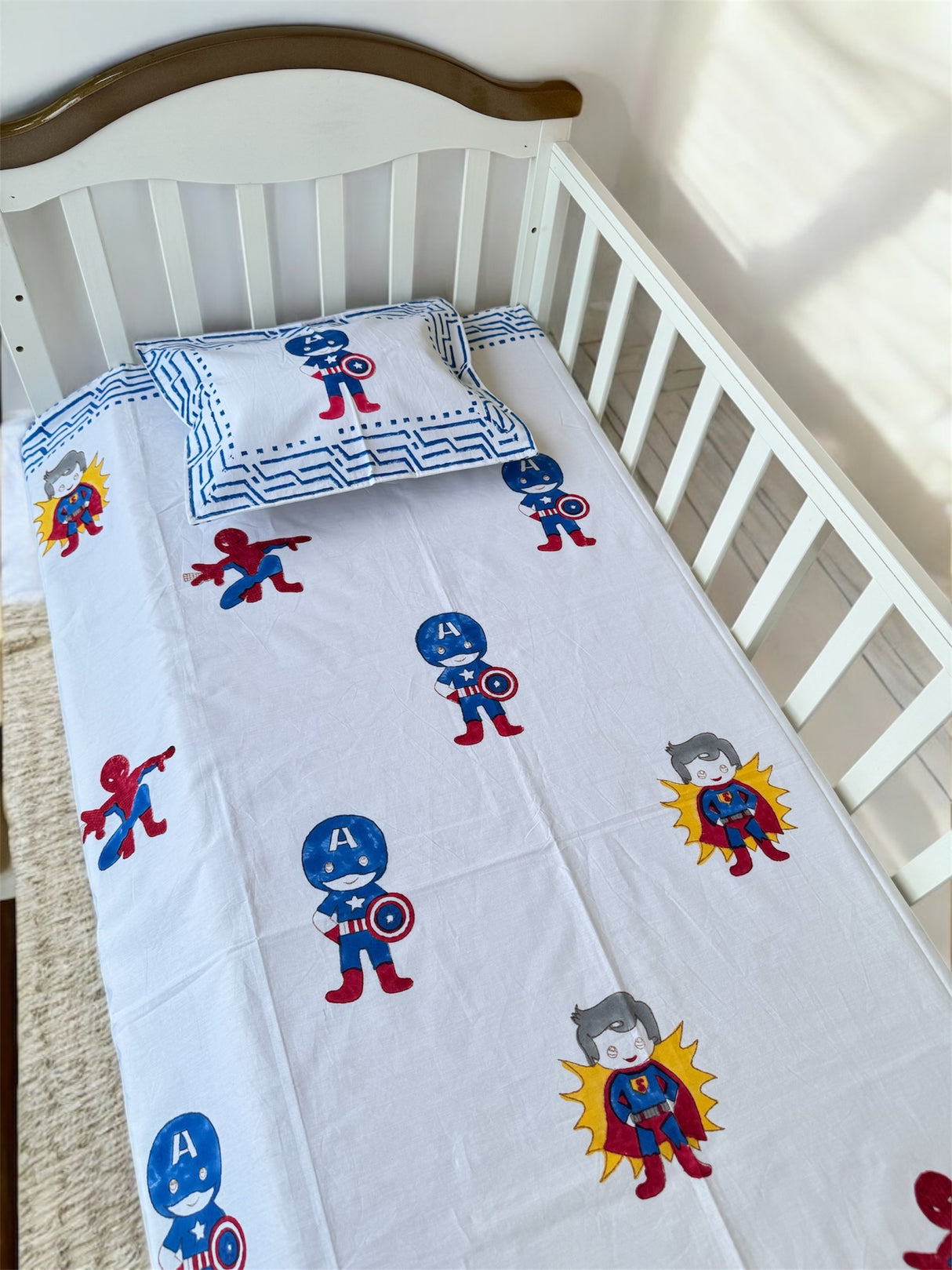 Cot Sheet- Super Hero Blockprint Cotton -Cot Size (60-40 inches)