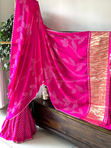 Rani Pink Pure Gajji Silk Half And Half Bandhani Saree