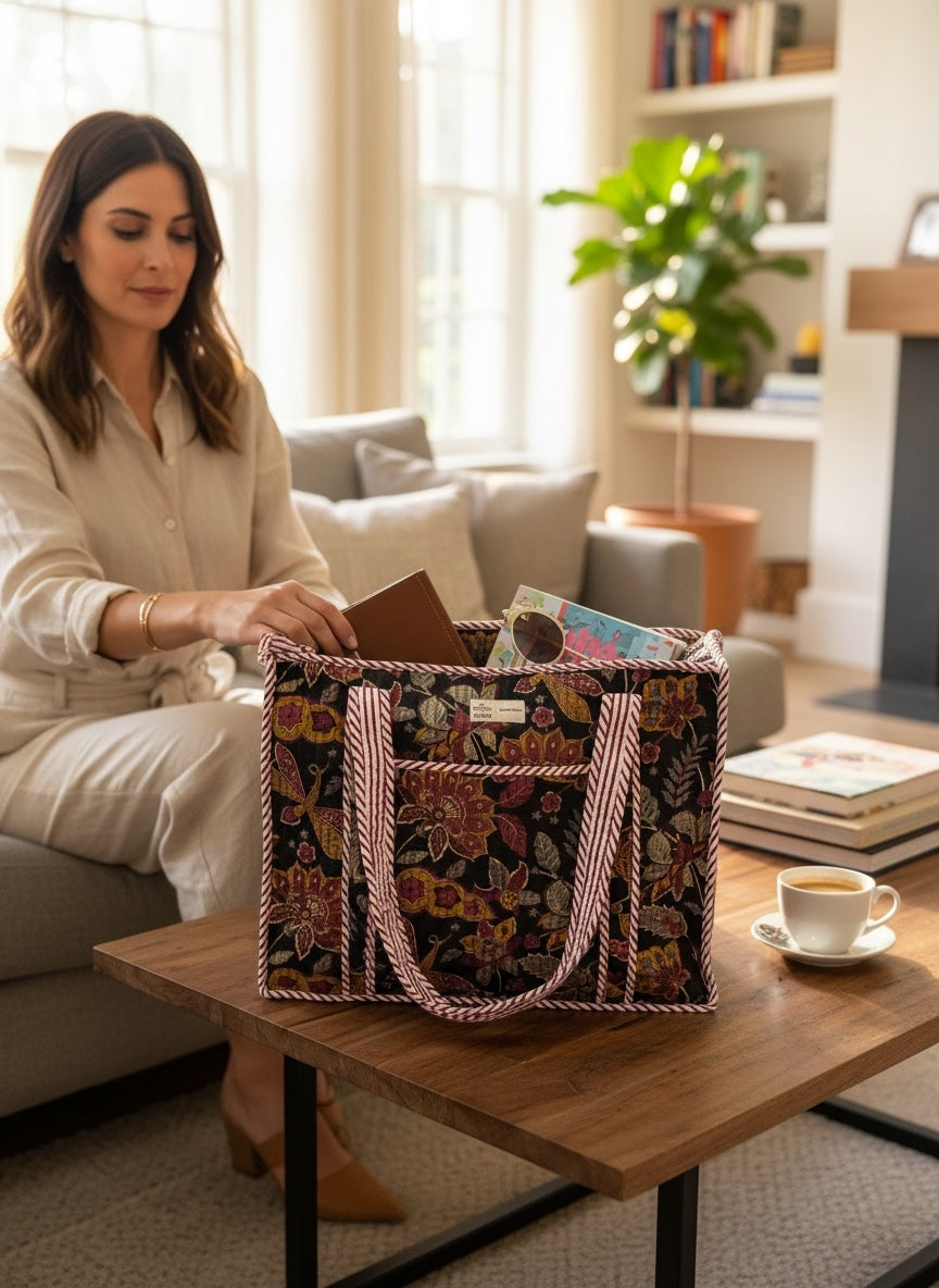 Black Floral Pattern Lightweight Tote Bag