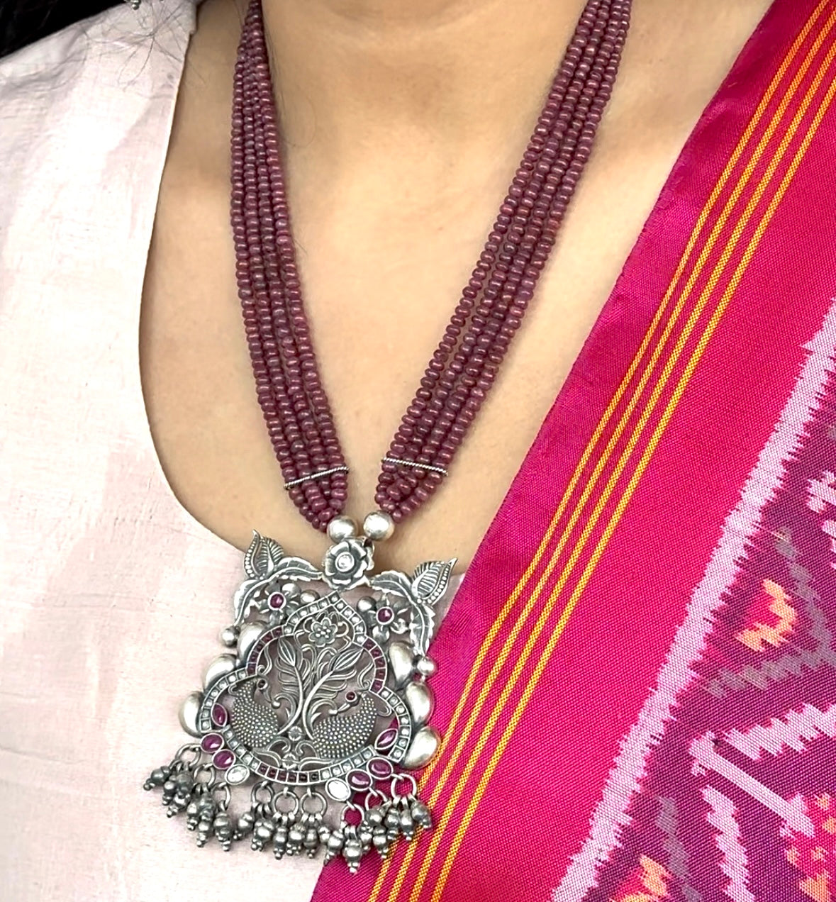 Handcrafted Peacock Theme Silver Pendant in Semi Precious Ruby Mala with Earrings
