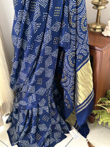 Blue Floral Pure Gajji Silk Bandhani Saree