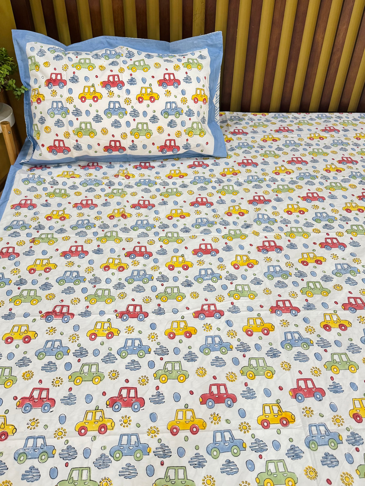Cute Colorful Cars Handblock Printed Kids Cotton Bedsheet