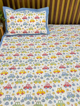 Cute Colorful Cars Handblock Printed Kids Cotton Bedsheet
