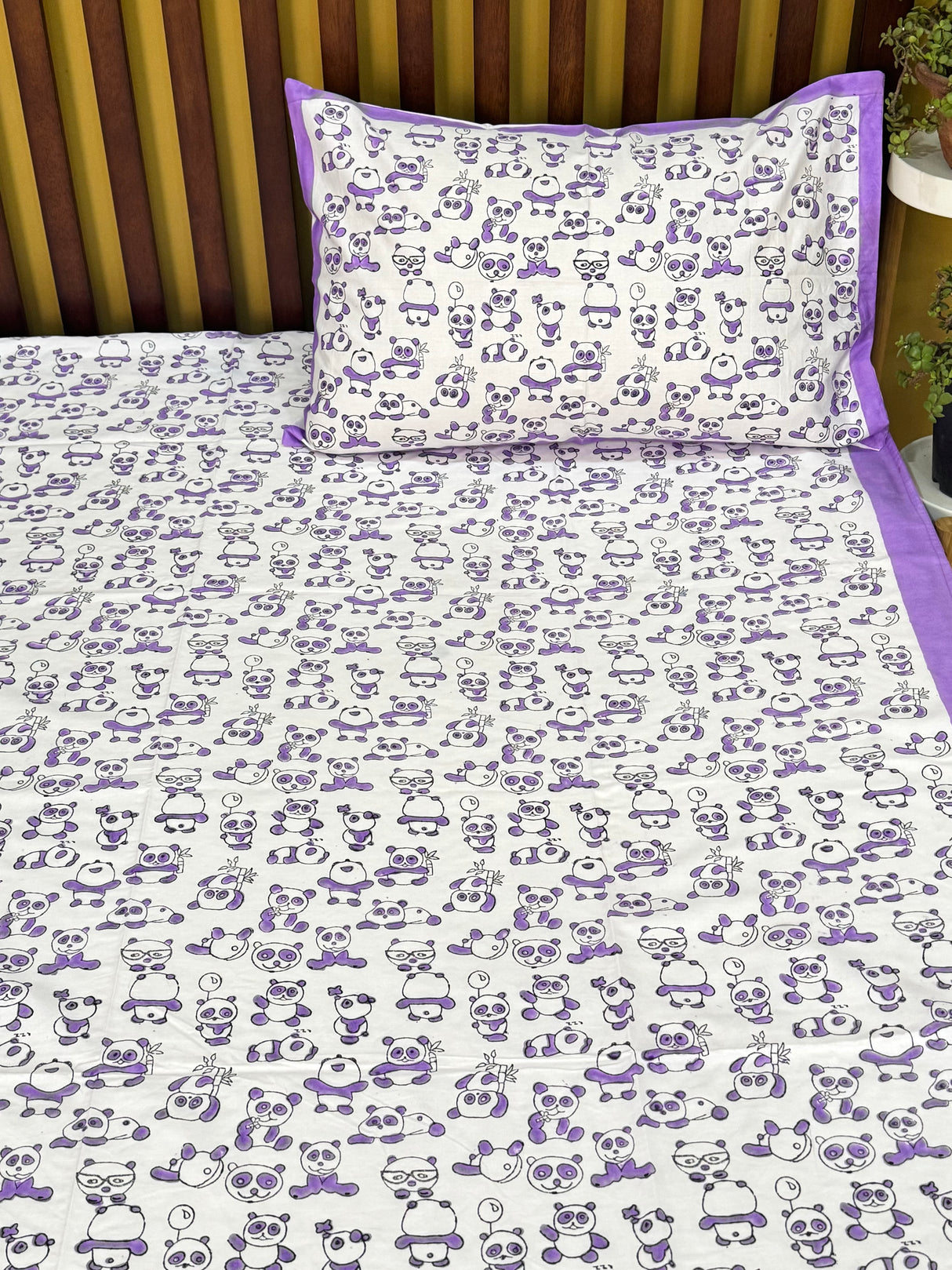 Purple Panda Blockprint Cotton Bedsheet