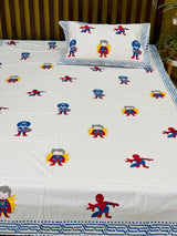 Super Heroes Blockprint Cotton Bedsheet