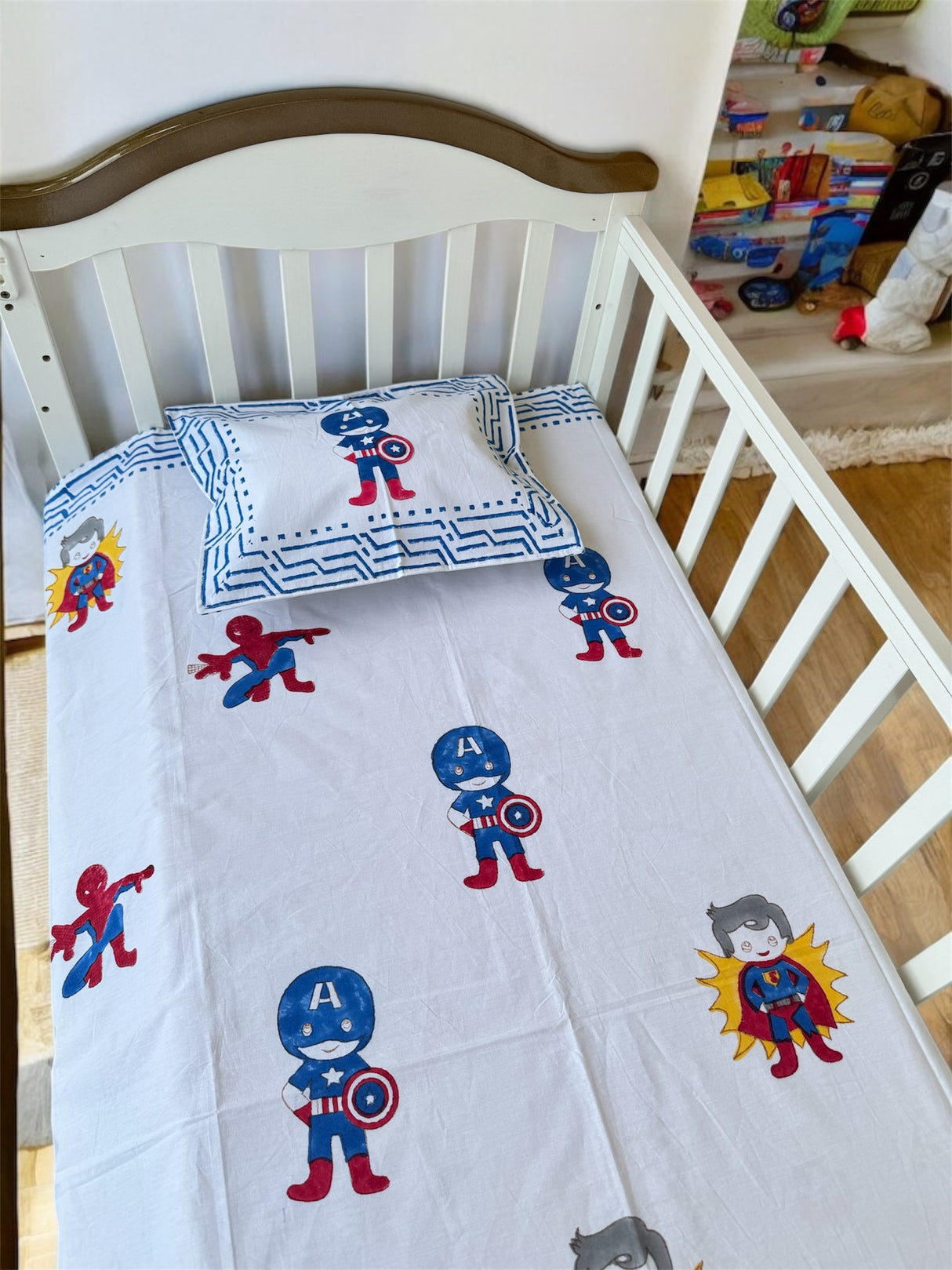 Cot Sheet- Super Hero Blockprint Cotton -Cot Size (60-40 inches)