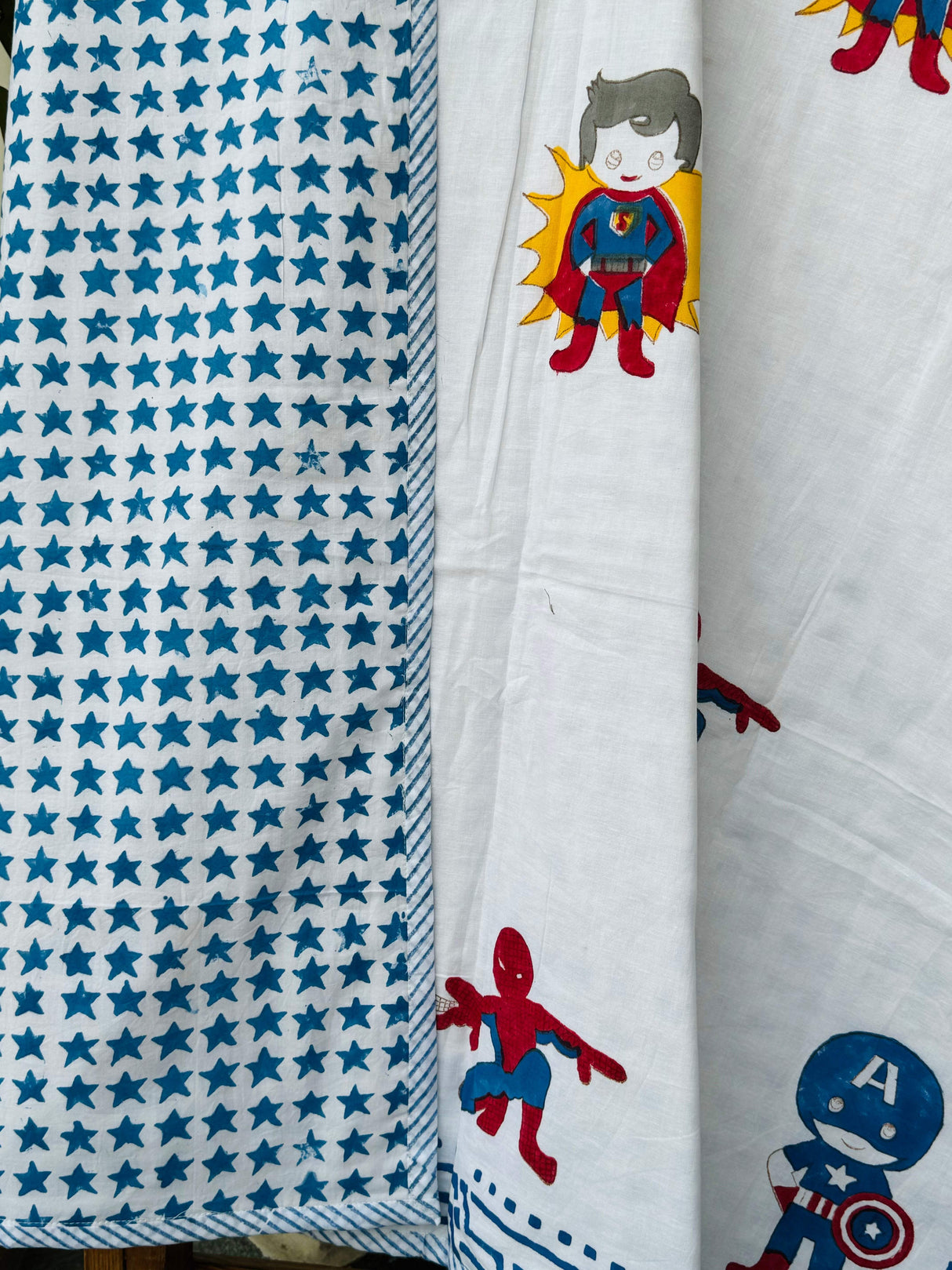 Super Hero Cot Set- Blockprint (1 dohar, 1 cot sheet, 1 pillow case)