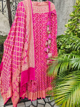 Hot Pink Pure Banarsi Georgette Bandhani Lehenga