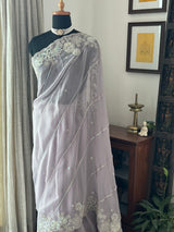 Light Lavender Georgette saree embellished with machine embroidery
