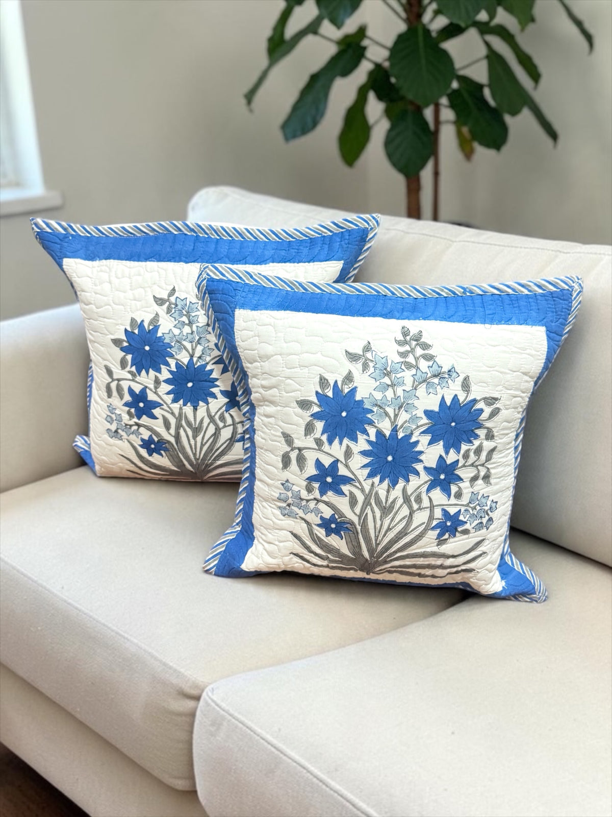 Pair of Quilted Handblock Printed Cushion Covers- 16*16 inches