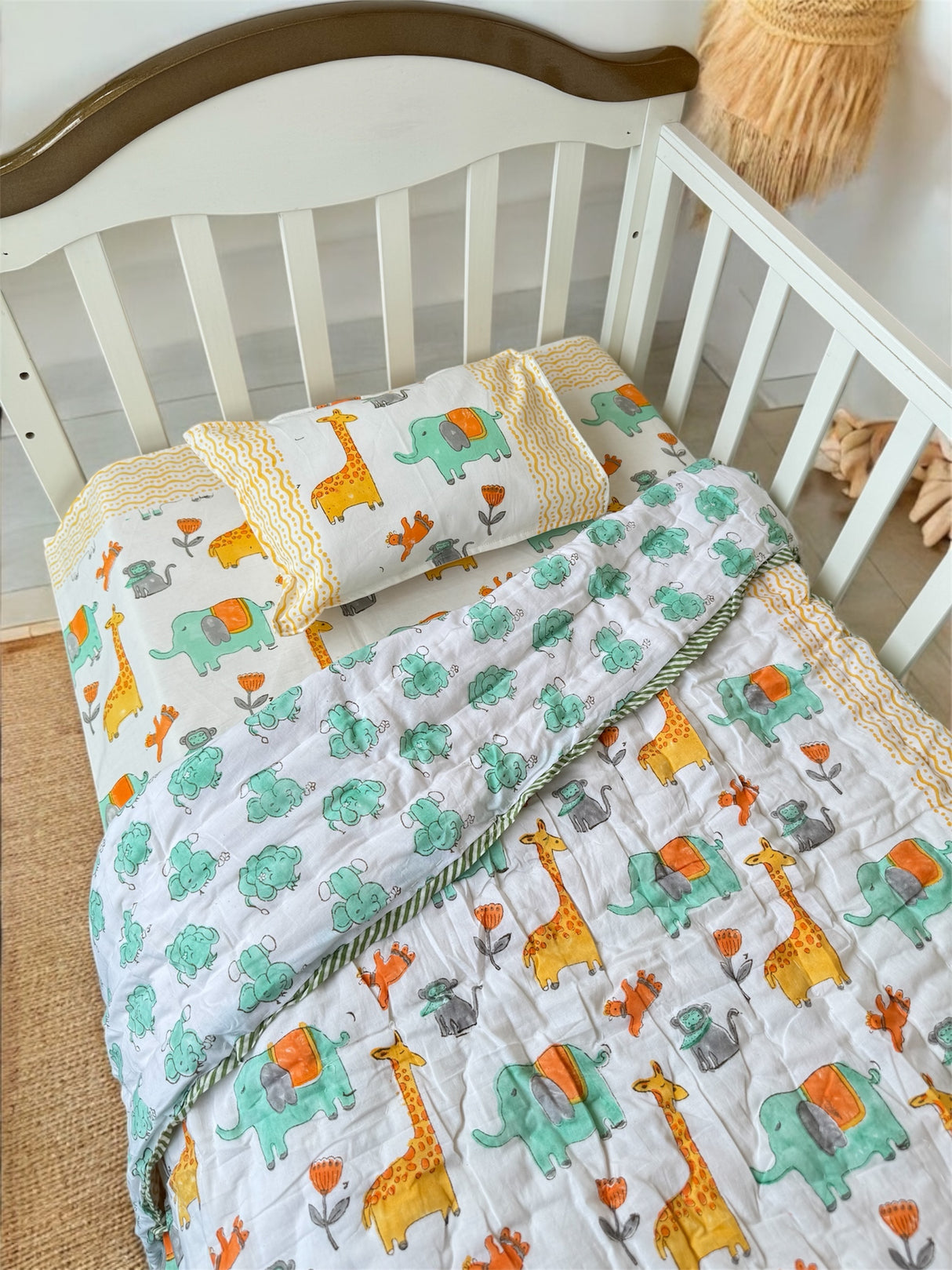 Animals Cot Set- Blockprint (1 quilt, 1 cot sheet, 1 pillow case)