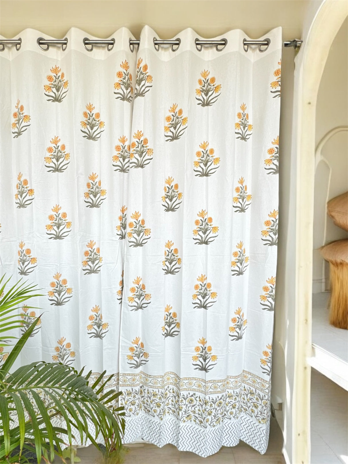 Beautiful Yellow Floral Blockprint Cotton Curtain