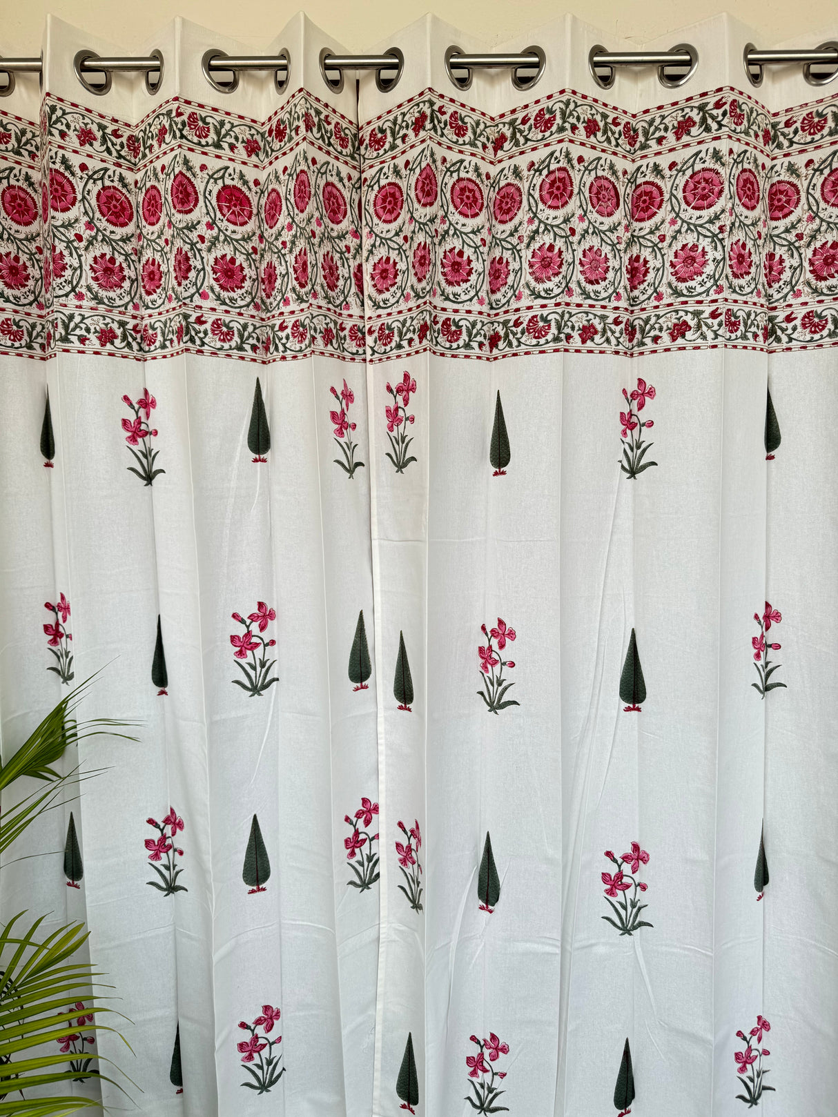 Elegant Pink Floral Blockprint Cotton Curtain