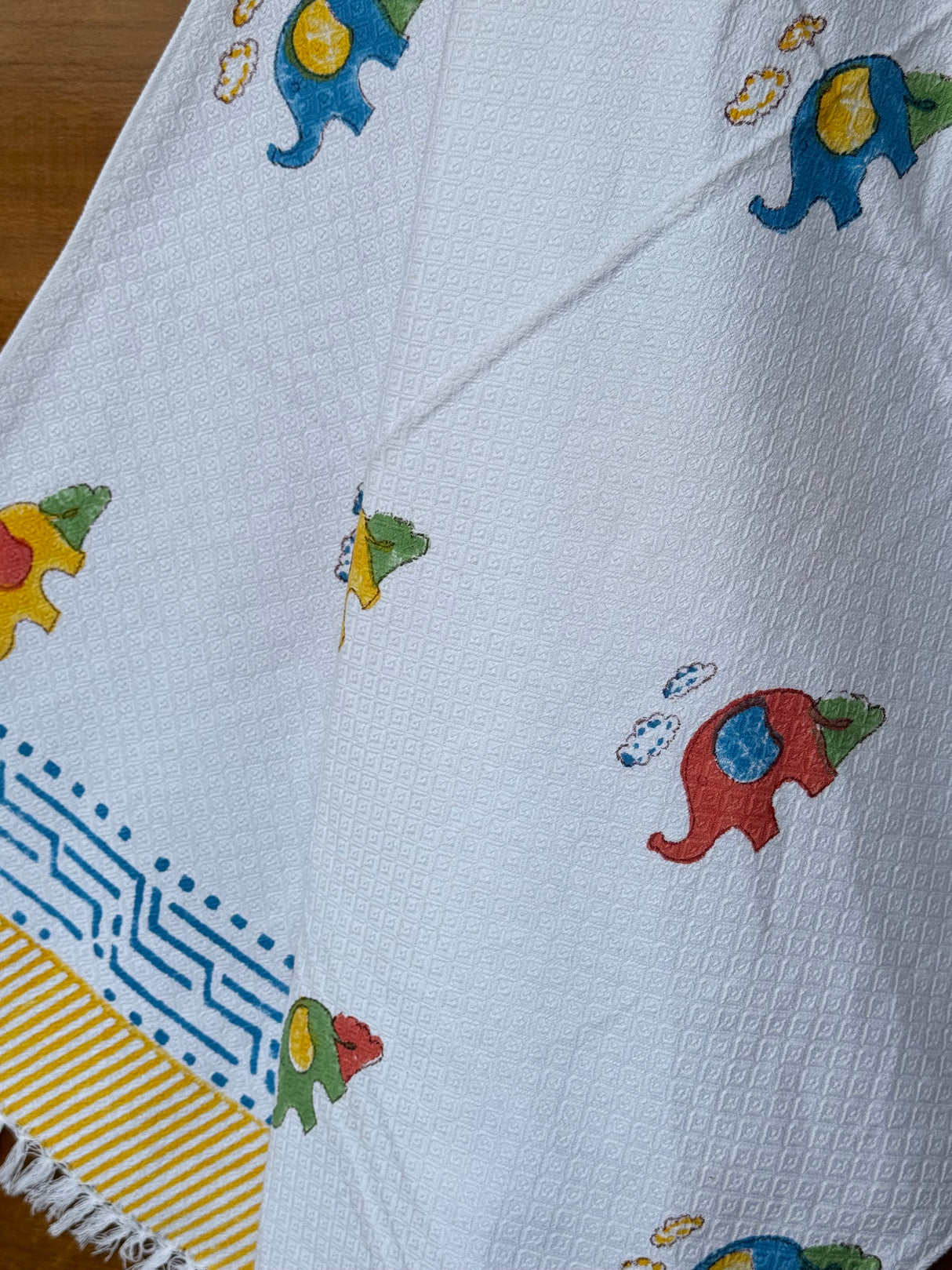 Colorful Elephants Blockprint Kids Towel – Cotton Jacquard Weave