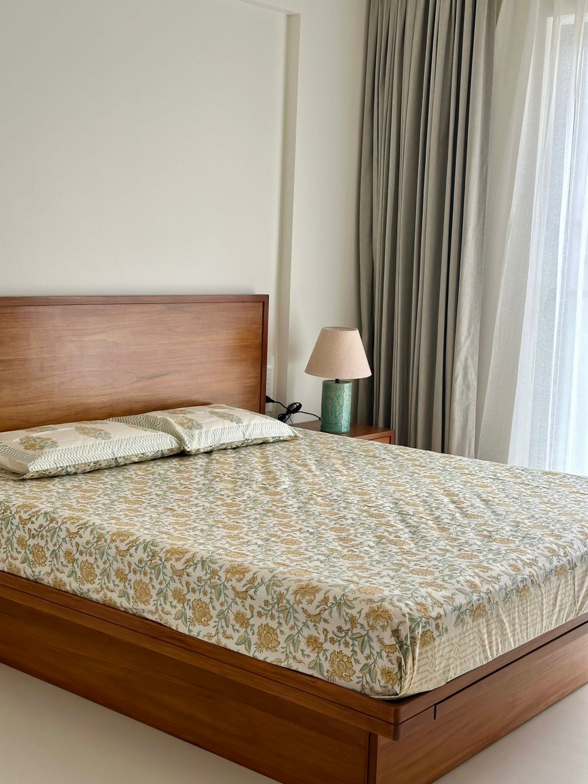 Charming Botanical Blockprint Cotton Bedsheet - Light Brown Base Color