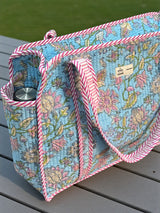 Vibrant Sky Blue & Pink Floral Block Print Handcrafted Tote Bag (with Zip Closure)