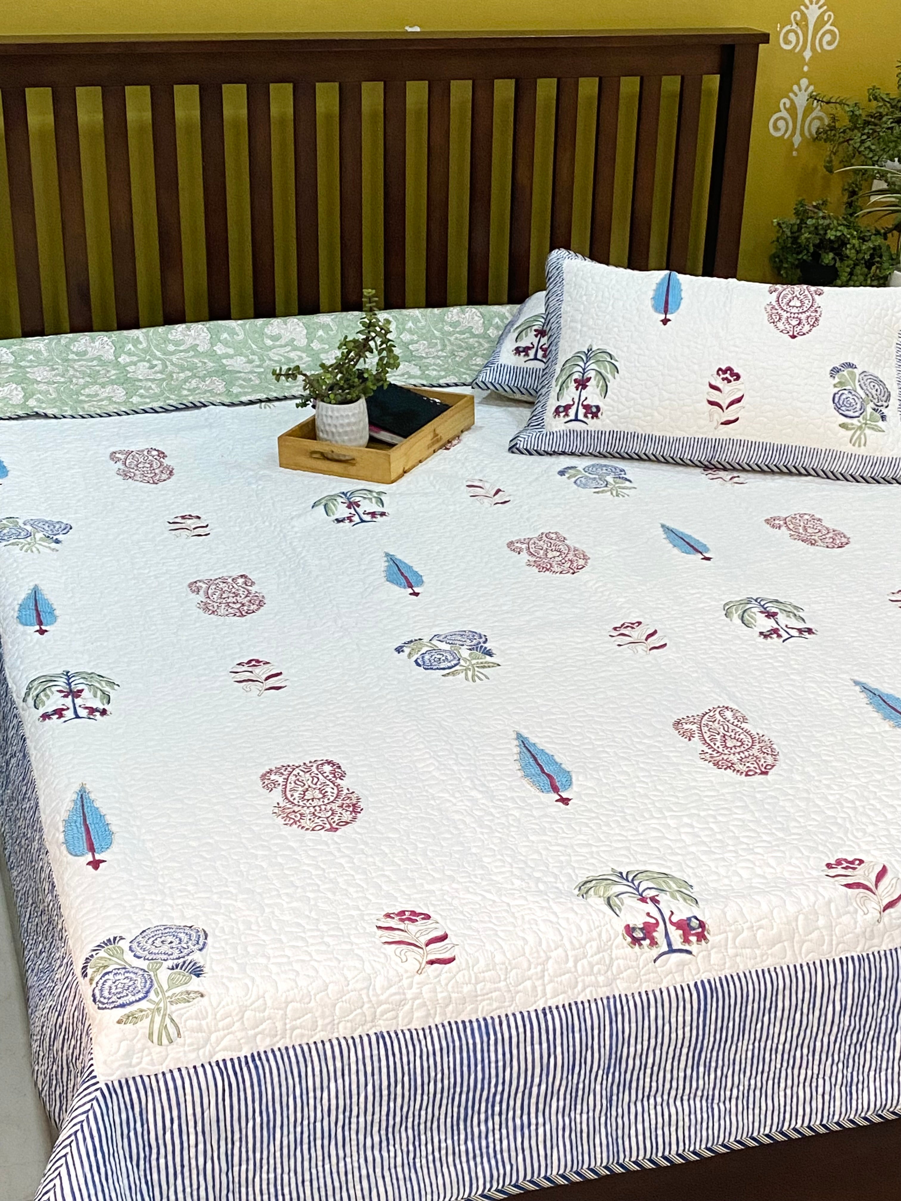 Quilted Blockprint REVERSIBLE Mulmul Bedcover- King Size