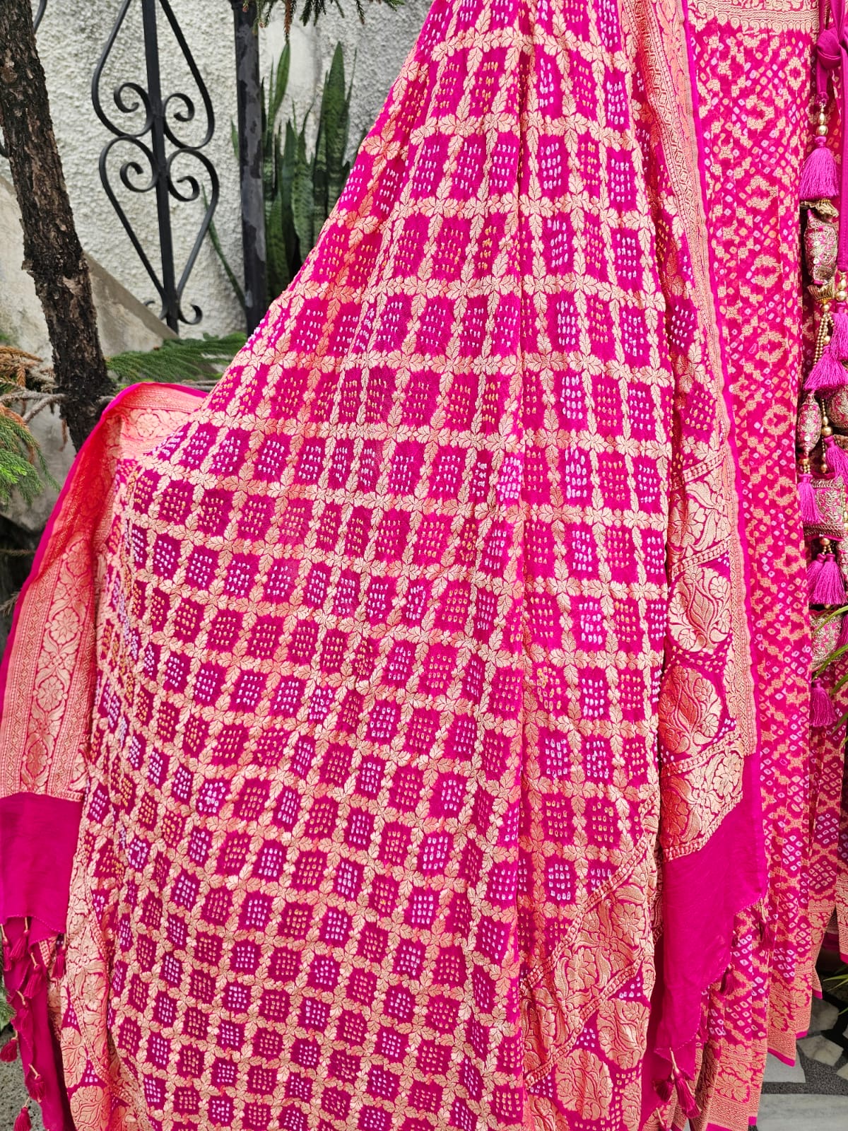 Hot Pink Pure Banarsi Georgette Bandhani Lehenga