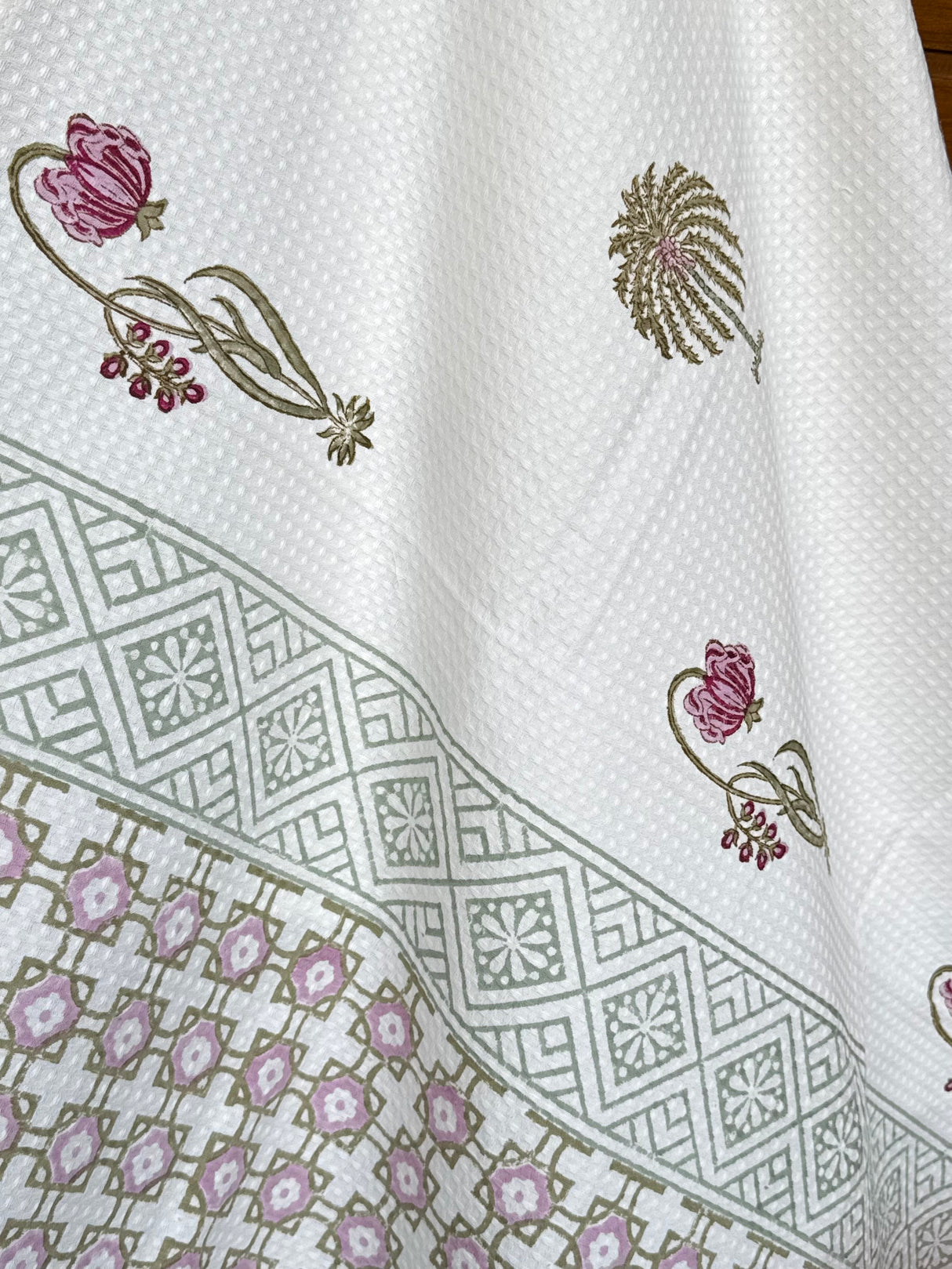 Subtle Floral Blockprint Cotton Towel- Waffle Weave