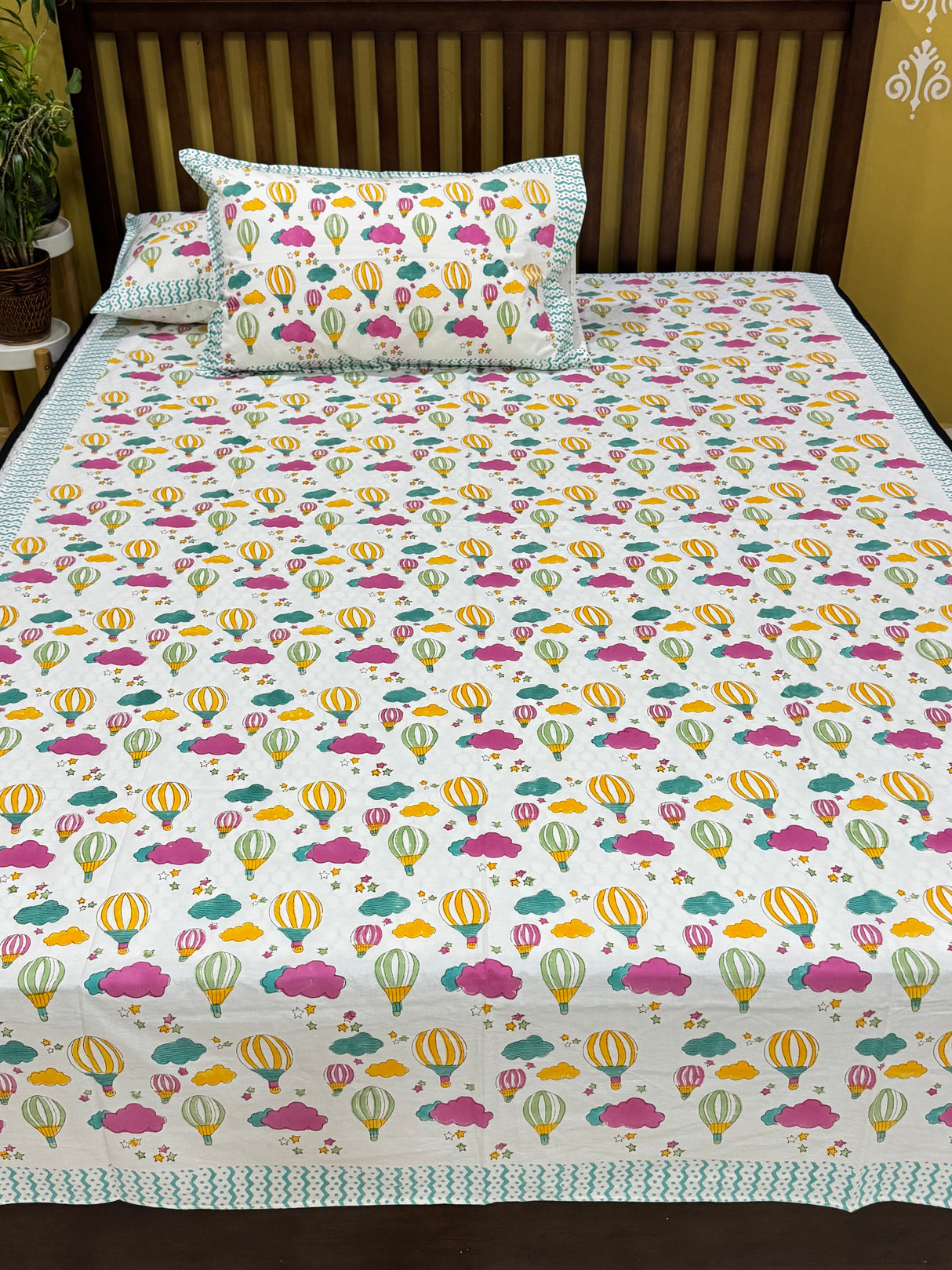Hot Air Balloon Handblock Printed Kids Cotton Bedsheet