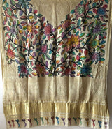 Beige Floral Gajji Silk Chikan Embroidery Kalamkari Dupatta
