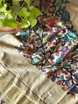 Beige Floral Gajji Silk Chikan Embroidery Kalamkari Dupatta