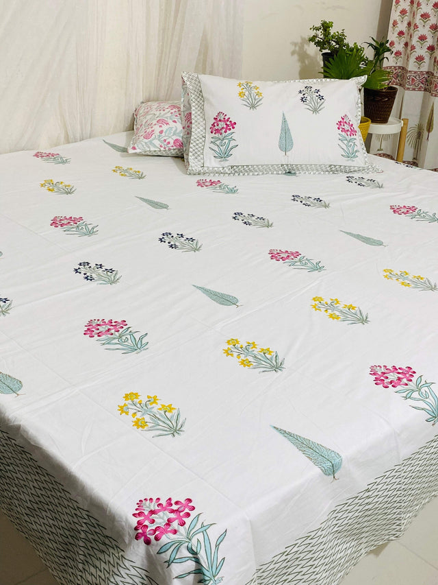 Bestselling Indian Jaipuri block print multicolour floral flat bedsheet