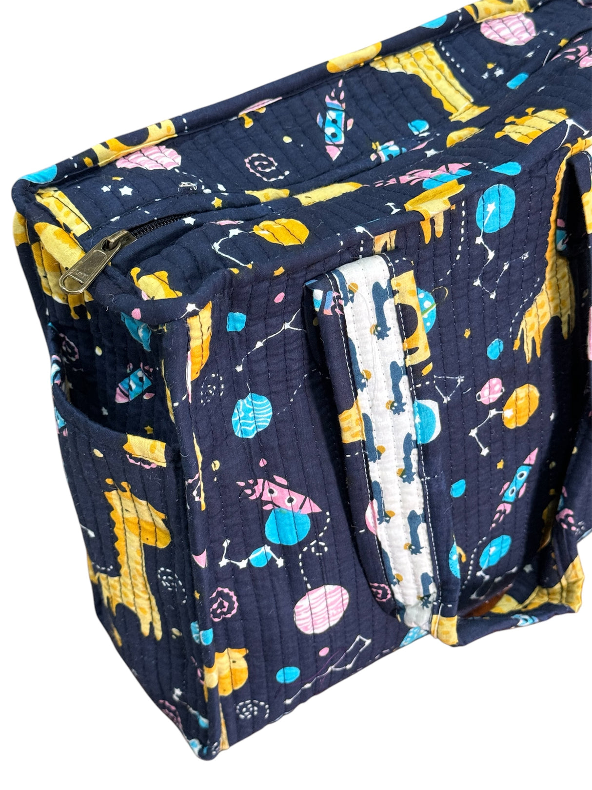 Giraffe print diaper alternative bag for traveling moms in the USA – handmade, lightweight, and spacious