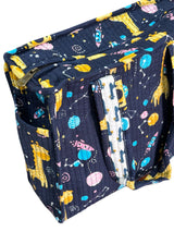 Giraffe print diaper alternative bag for traveling moms in the USA – handmade, lightweight, and spacious