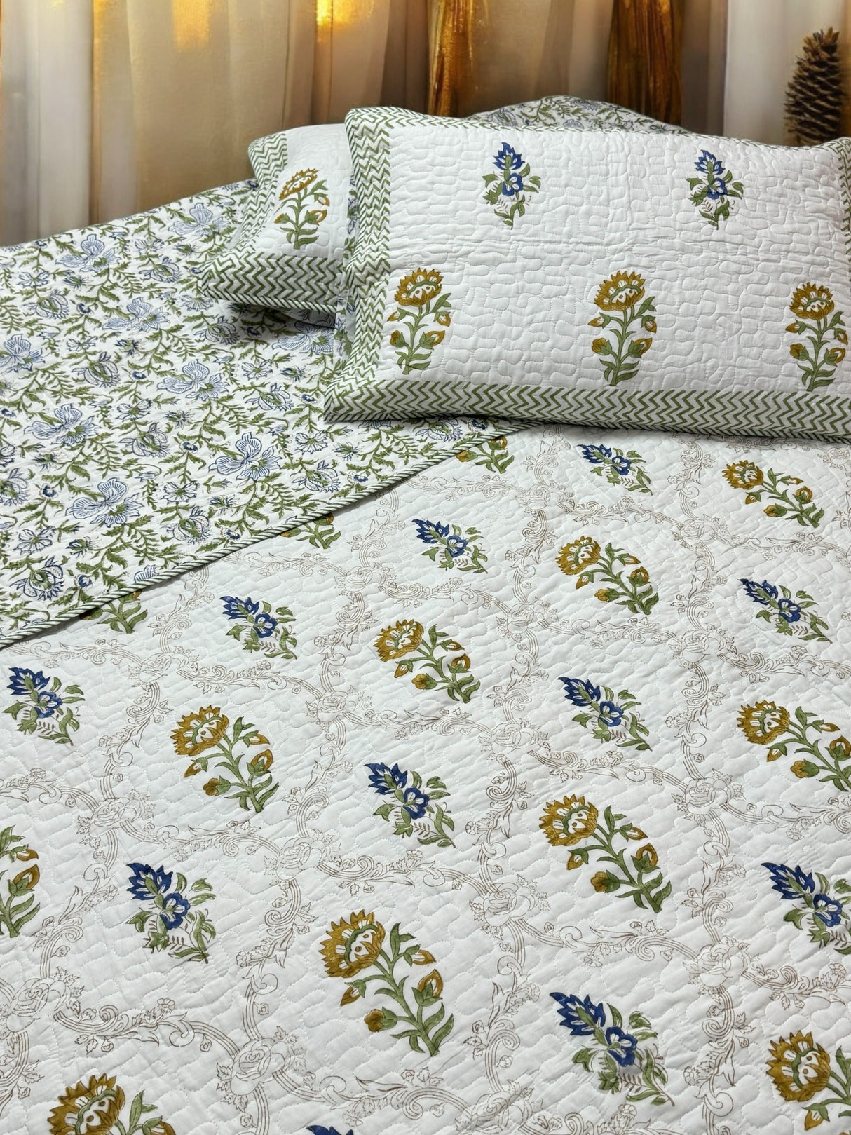 KING Size Quilted Blockprint REVERSIBLE Mulmul Bedcover (108*108 inches)