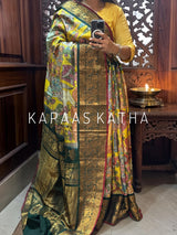 Mor-Hari Hues Divine Theme Kanjivaram Silk Kalamkari Saree