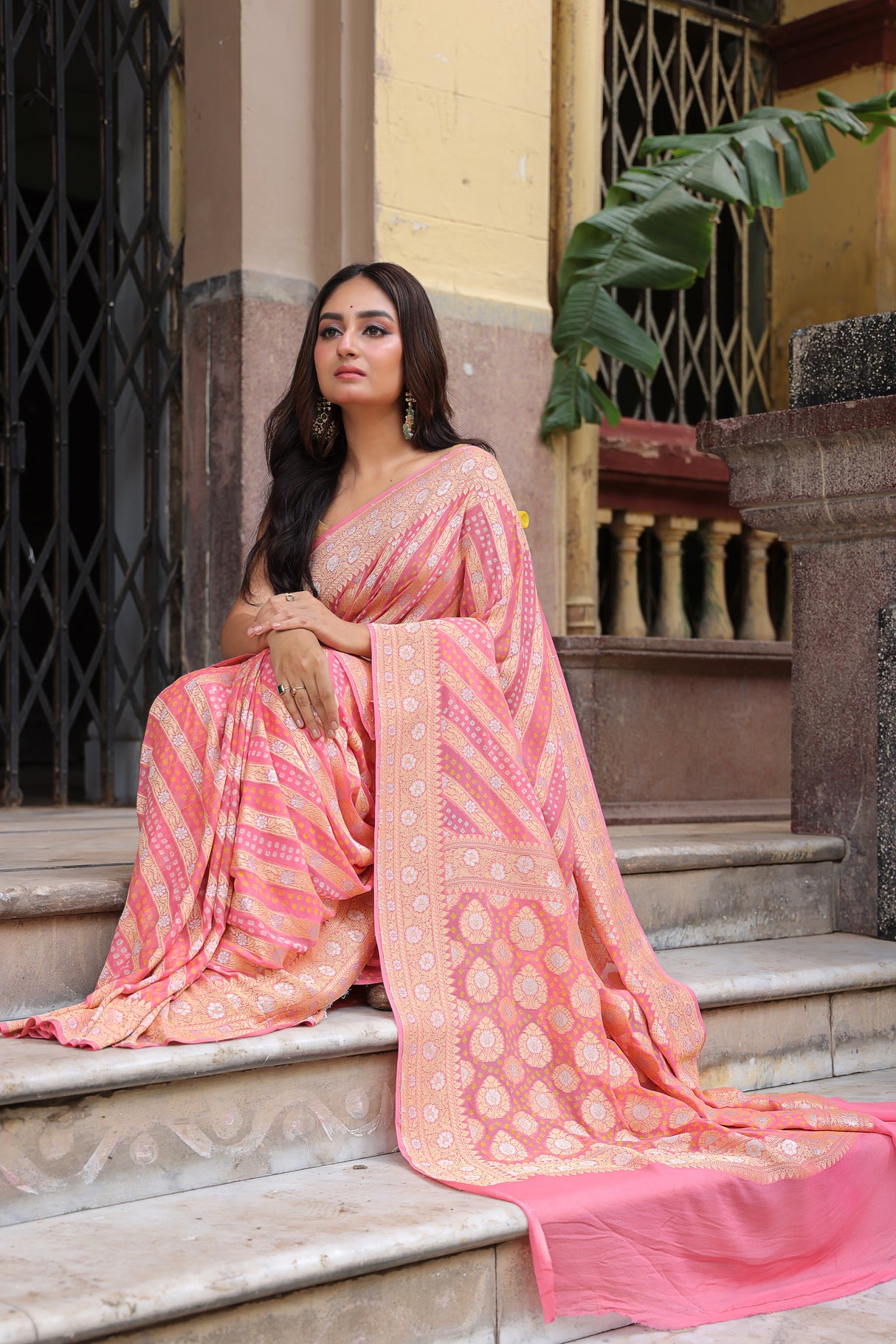 Peach Pure Banarsi Gerogette Bandhani Saree