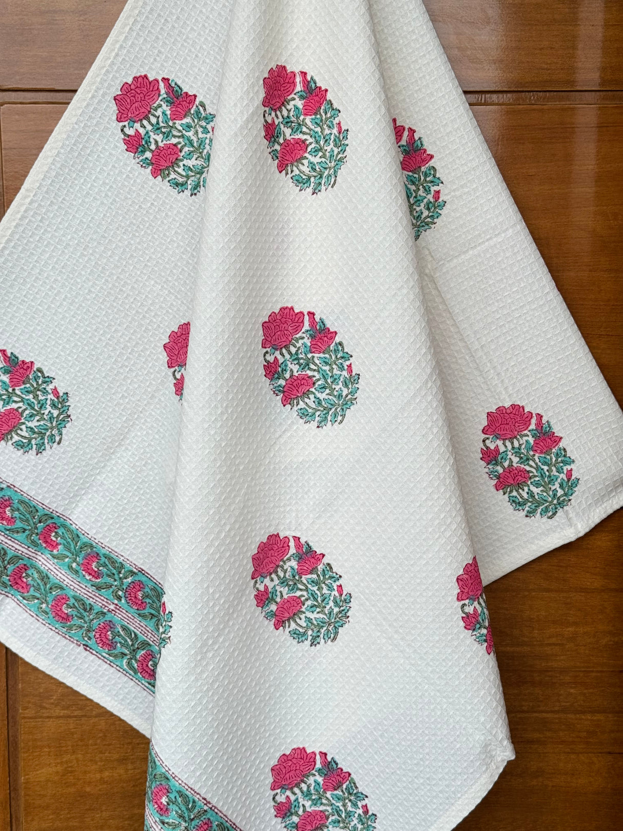 Pretty Rose Blockprint Cotton Towel- Waffle Weave