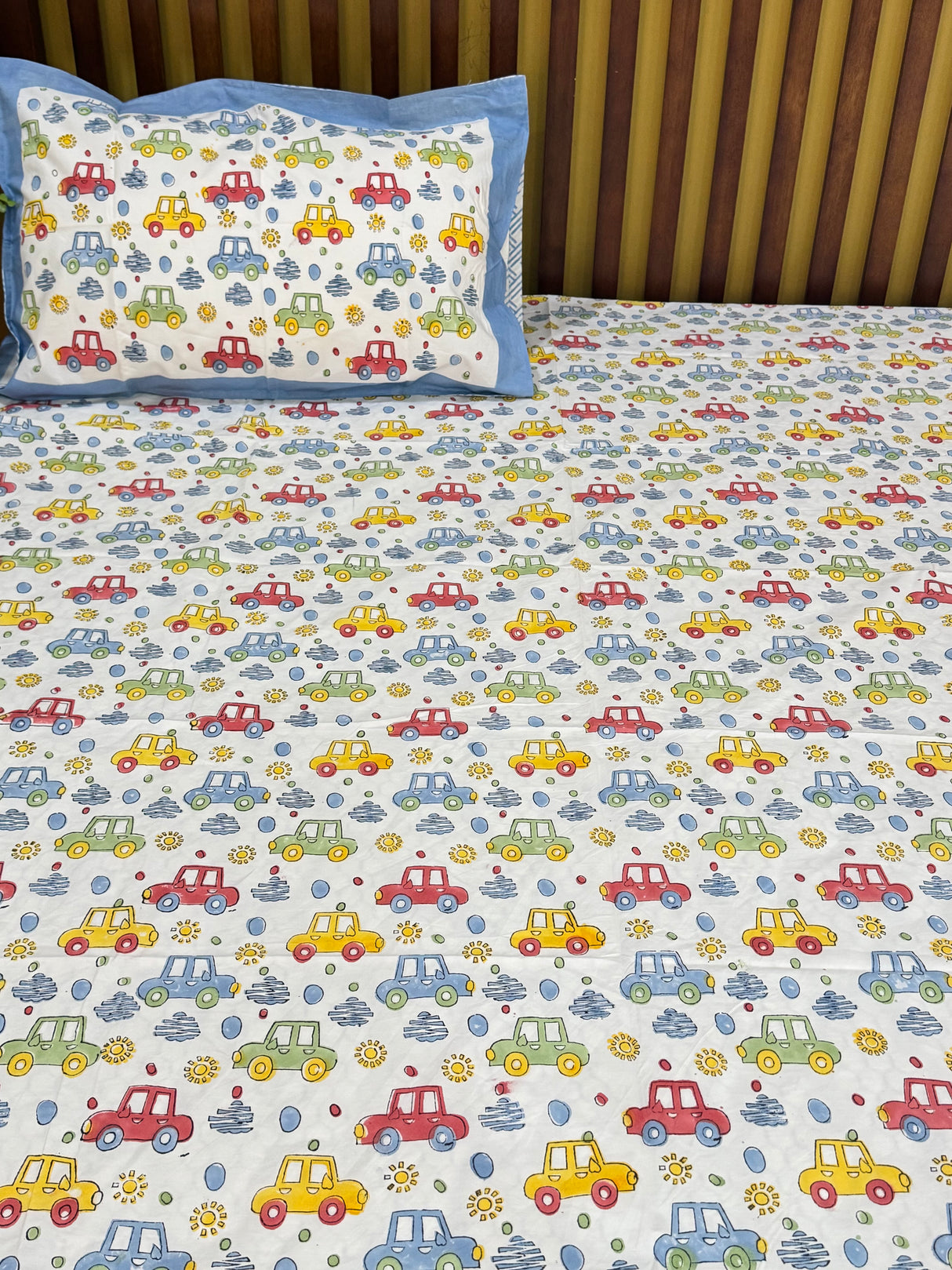 Cute Colorful Cars Handblock Printed Kids Cotton Bedsheet