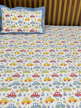 Cute Colorful Cars Handblock Printed Kids Cotton Bedsheet