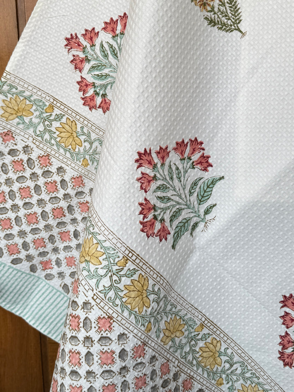 Elegant Flowers Blockprint Cotton Towel- Waffle Weave